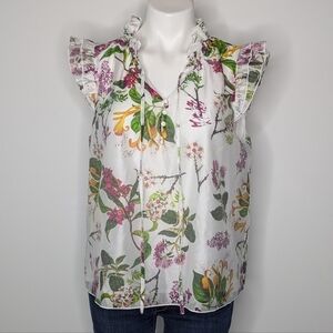 Bailey 44 White Purple Floral Ruffle Tie Neck Blouse L
